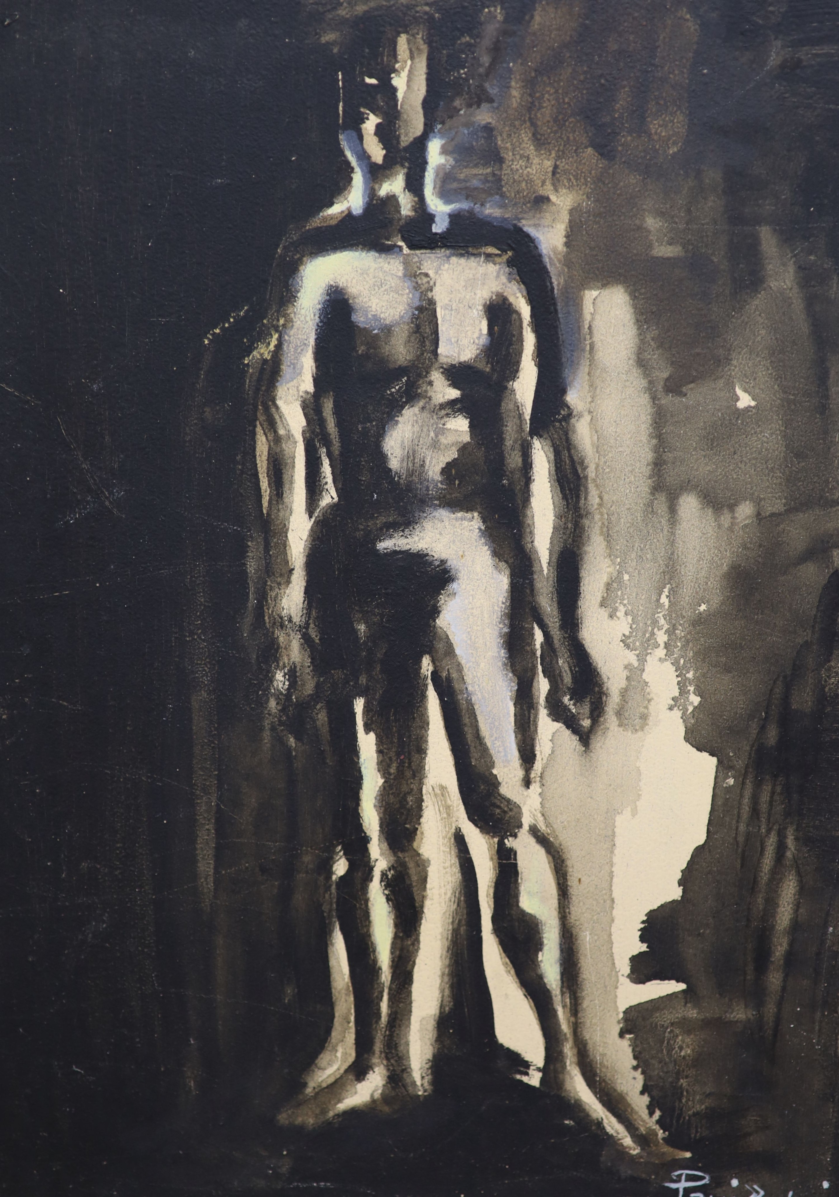 Parrizzuli, mixed media on board, Standing figure, signed and dated '62, 39 x 29cm